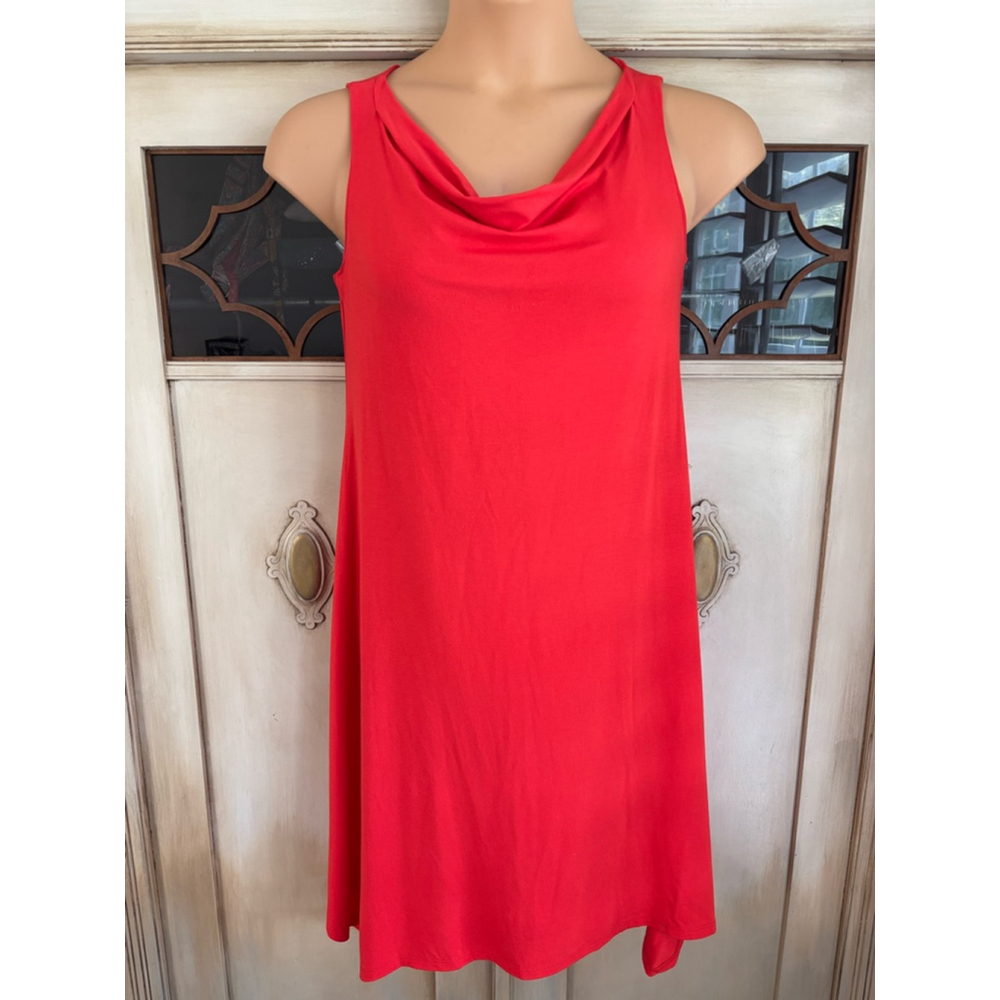 EUC EILEEN FISHER Firefly Orange Cowl Neck Asymmetric Jersey Stretch Dress Sz PS
